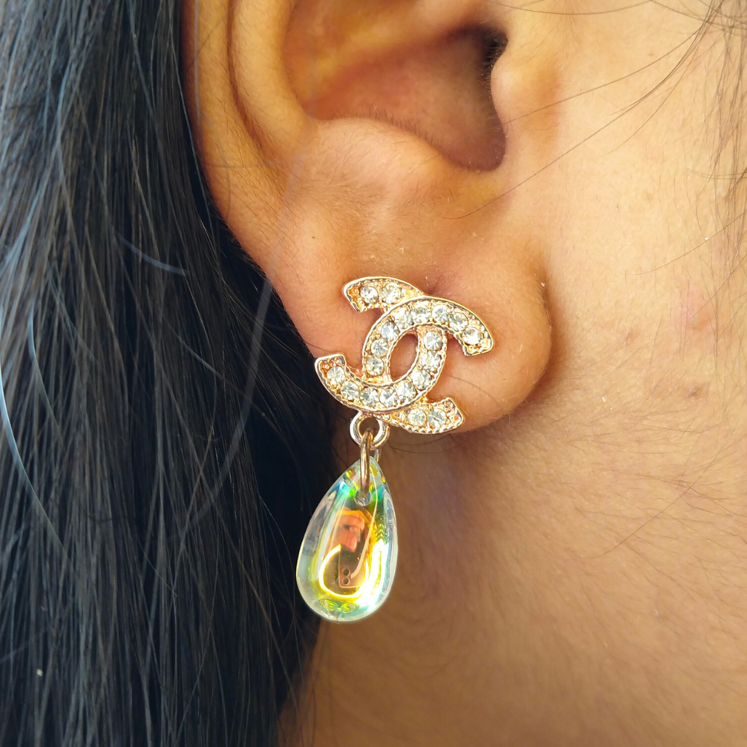 Crystal Heart Drop Earrings – Iridescent Butterfly Charm for Women