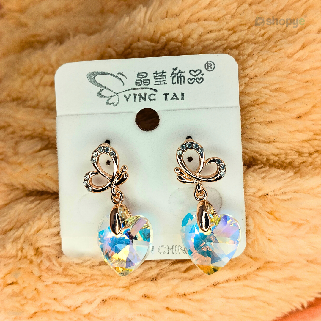 Crystal Heart Drop Earrings – Iridescent Butterfly Charm for Women