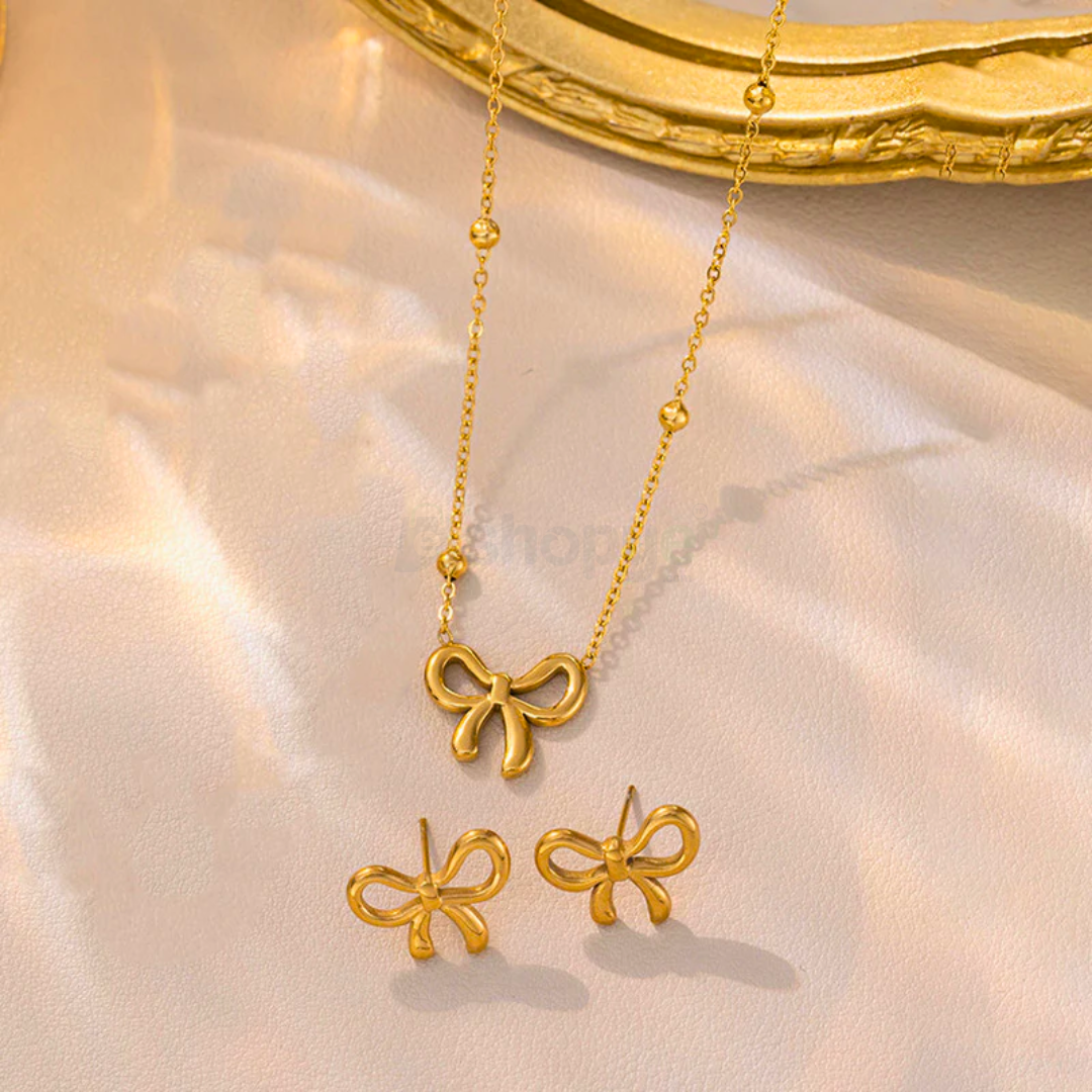 Gold Plated Bow Themed Jewellery Set – Elegant Anti-Tarnish Desig