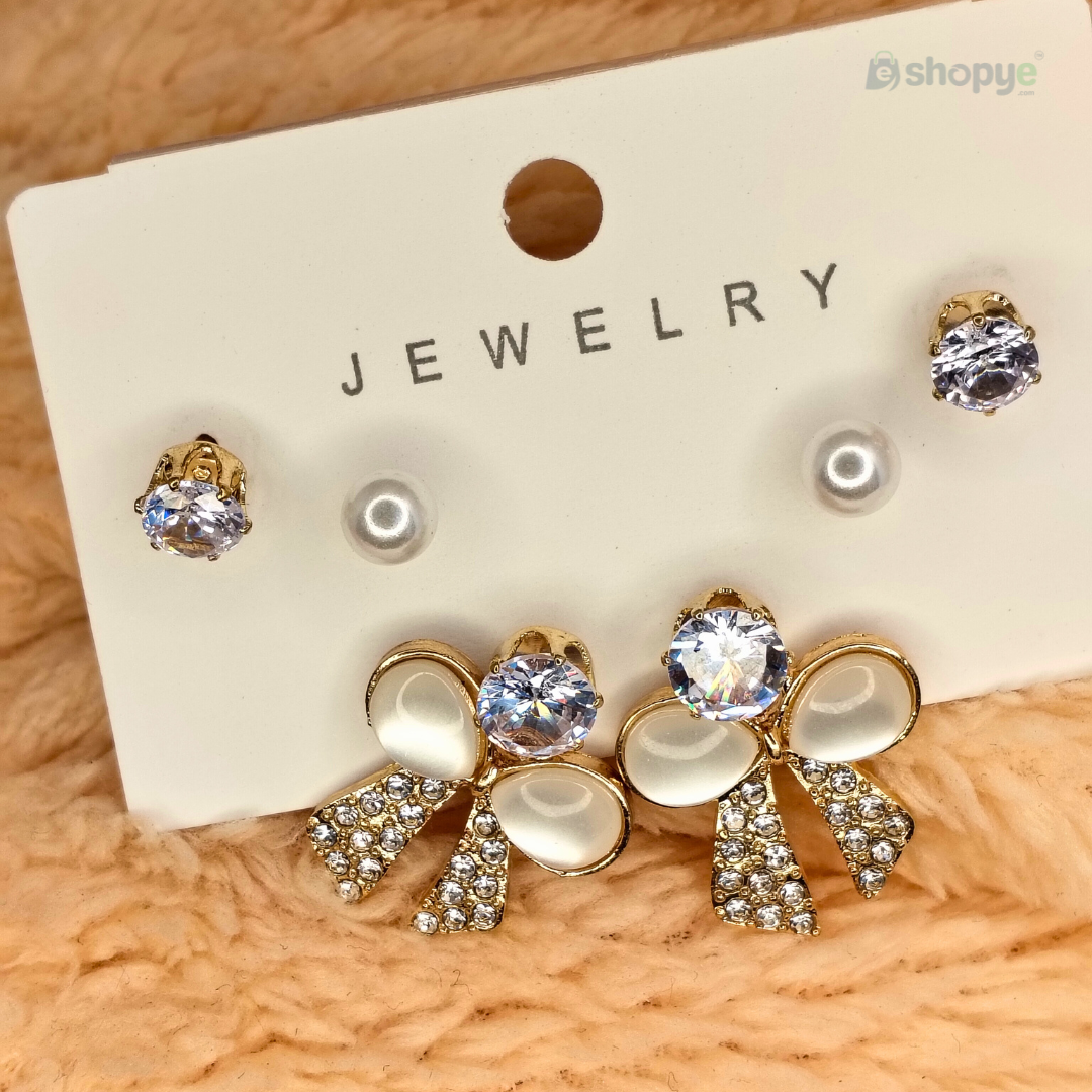 Pearl Stud & Bow Earrings Set – Elegant 3-in-1 Crystal & Rhinestone Design