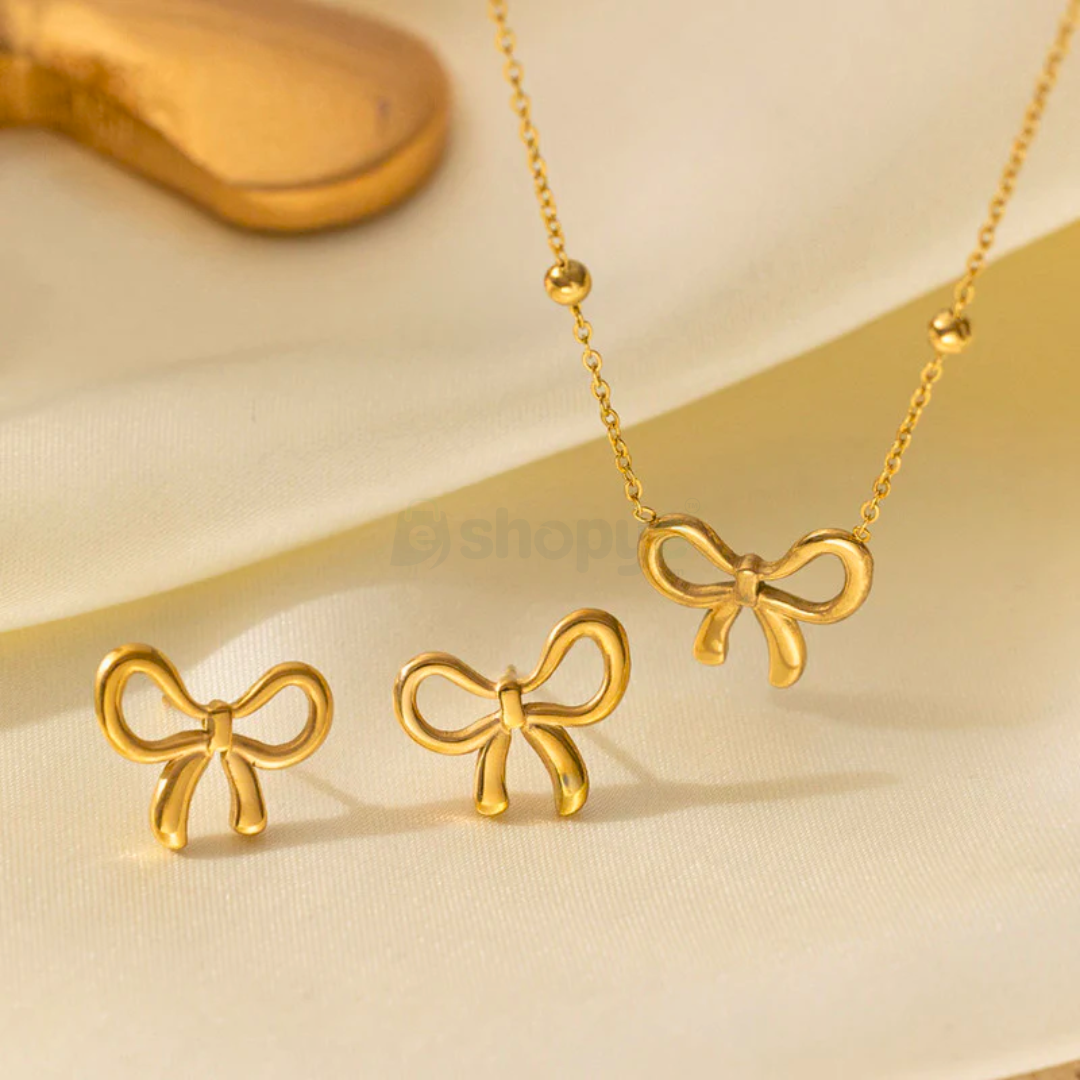 Gold Plated Bow Themed Jewellery Set – Elegant Anti-Tarnish Desig