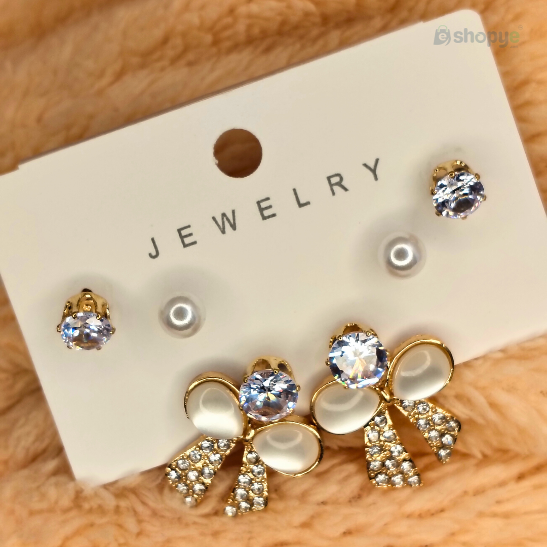 Pearl Stud & Bow Earrings Set – Elegant 3-in-1 Crystal & Rhinestone Design