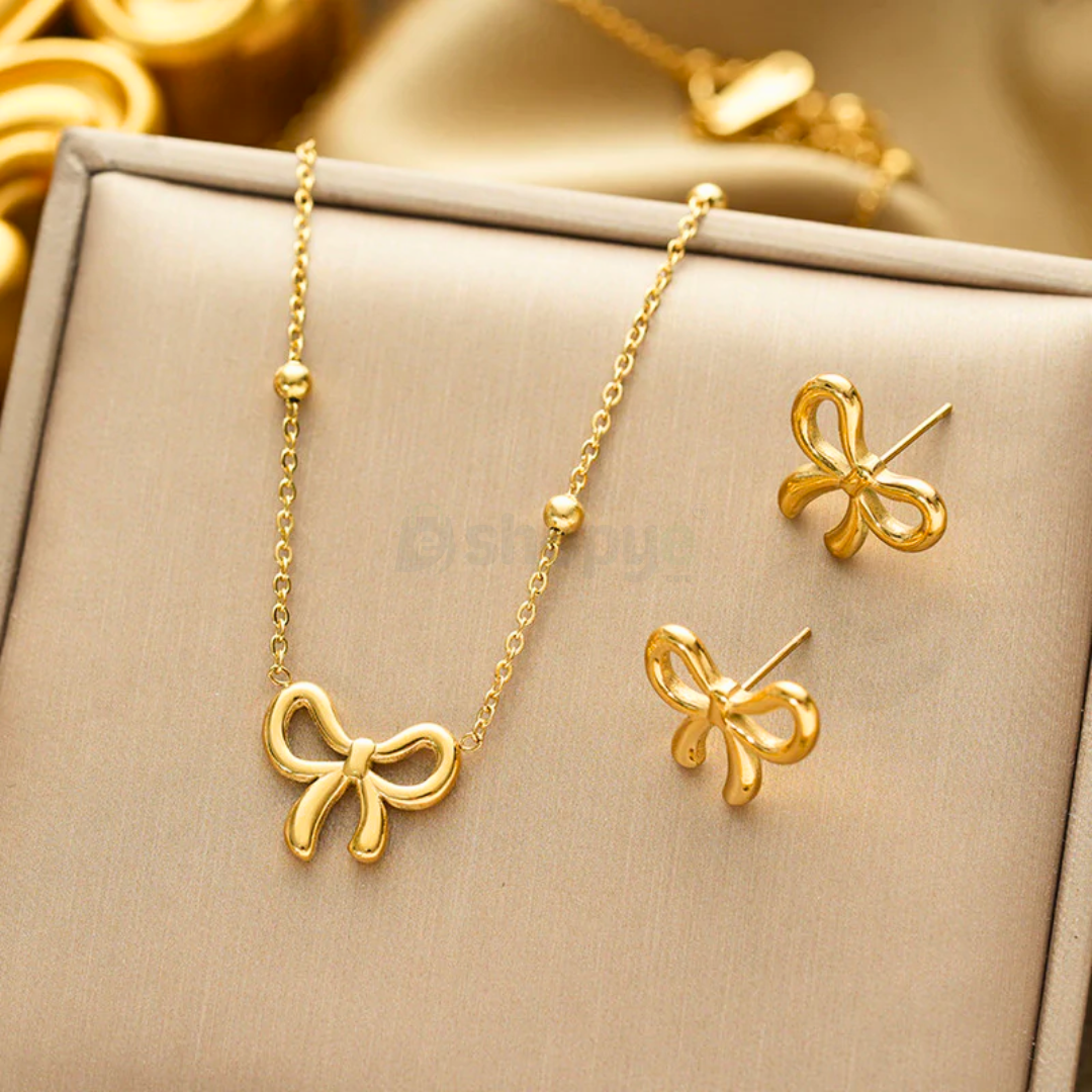 Gold Plated Bow Themed Jewellery Set – Elegant Anti-Tarnish Desig