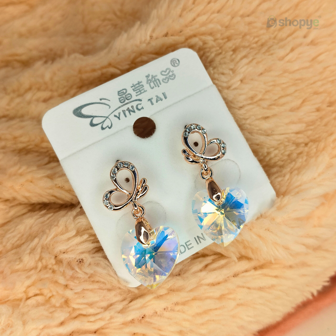 Crystal Heart Drop Earrings – Iridescent Butterfly Charm for Women