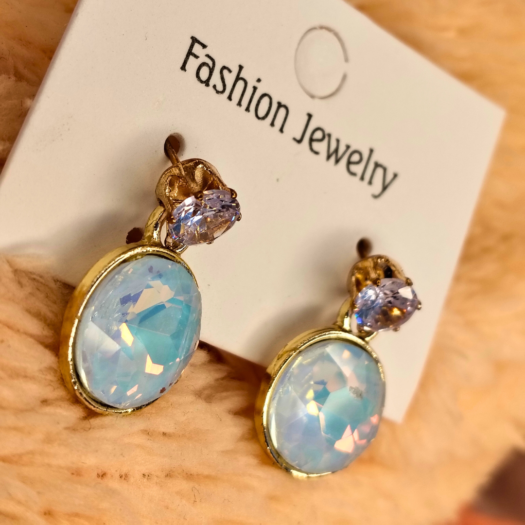 Iridescent Hoop Earrings – Blue Opal Drop with Crystal Stud Elegance