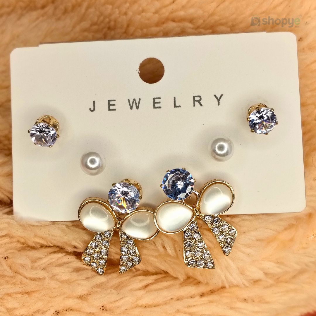 Pearl Stud & Bow Earrings Set – Elegant 3-in-1 Crystal & Rhinestone Design