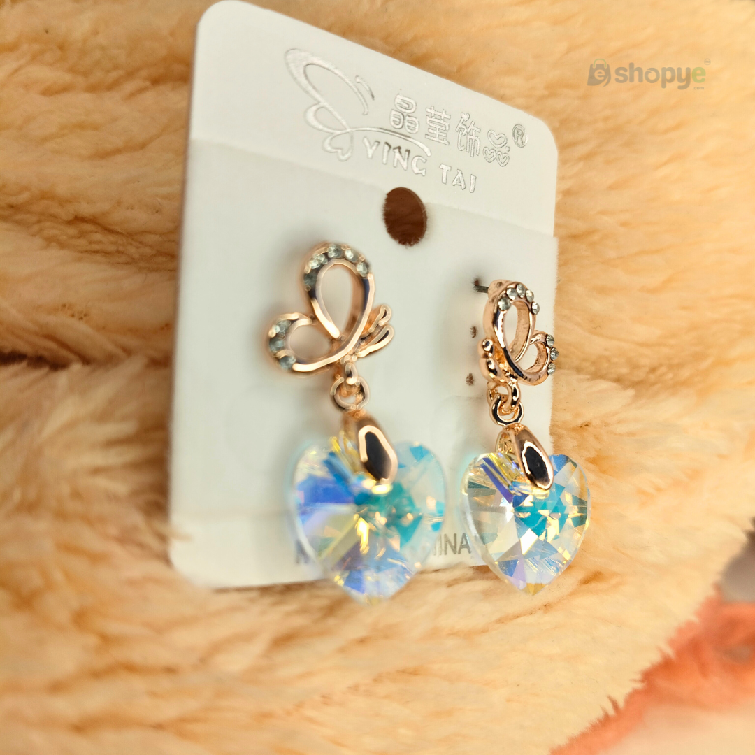 Crystal Heart Drop Earrings – Iridescent Butterfly Charm for Women
