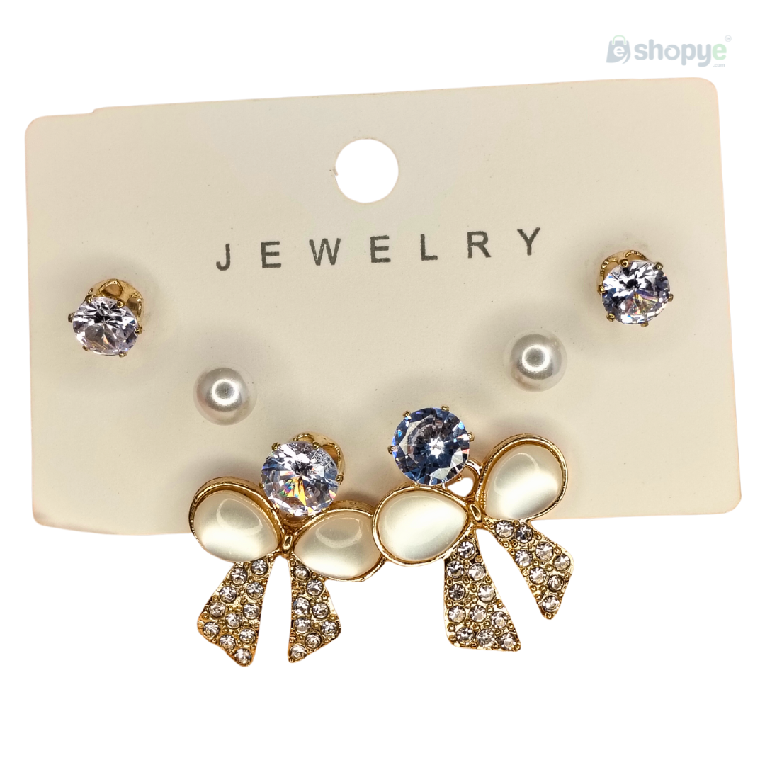 Pearl Stud & Bow Earrings Set – Elegant 3-in-1 Crystal & Rhinestone Design