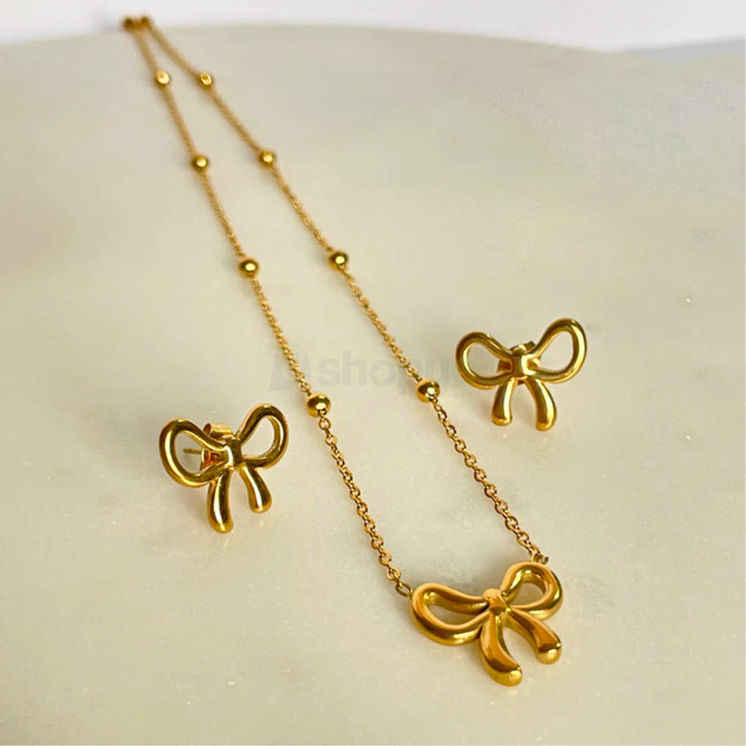 Gold Plated Bow Themed Jewellery Set – Elegant Anti-Tarnish Desig
