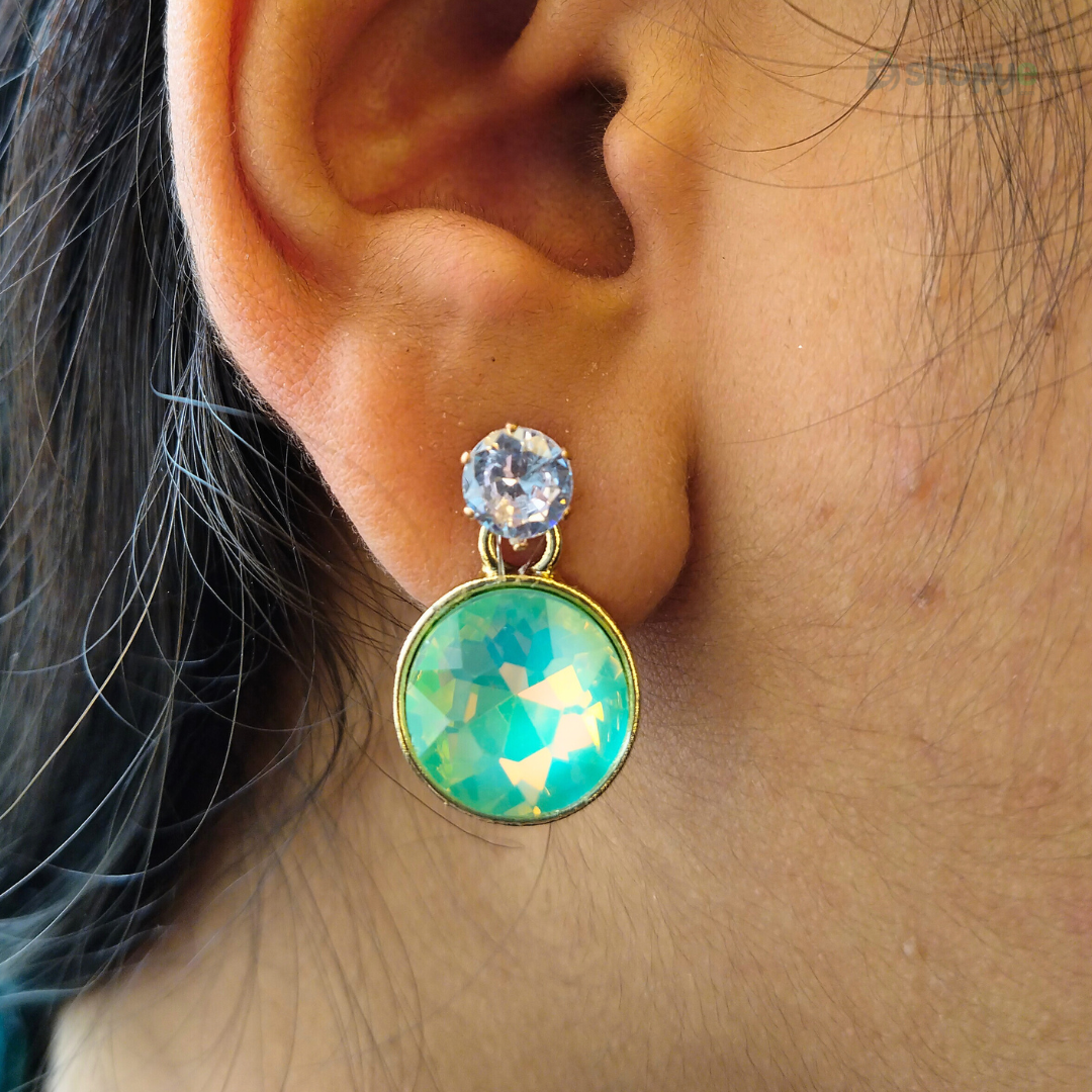 Iridescent Hoop Earrings – Blue Opal Drop with Crystal Stud Elegance