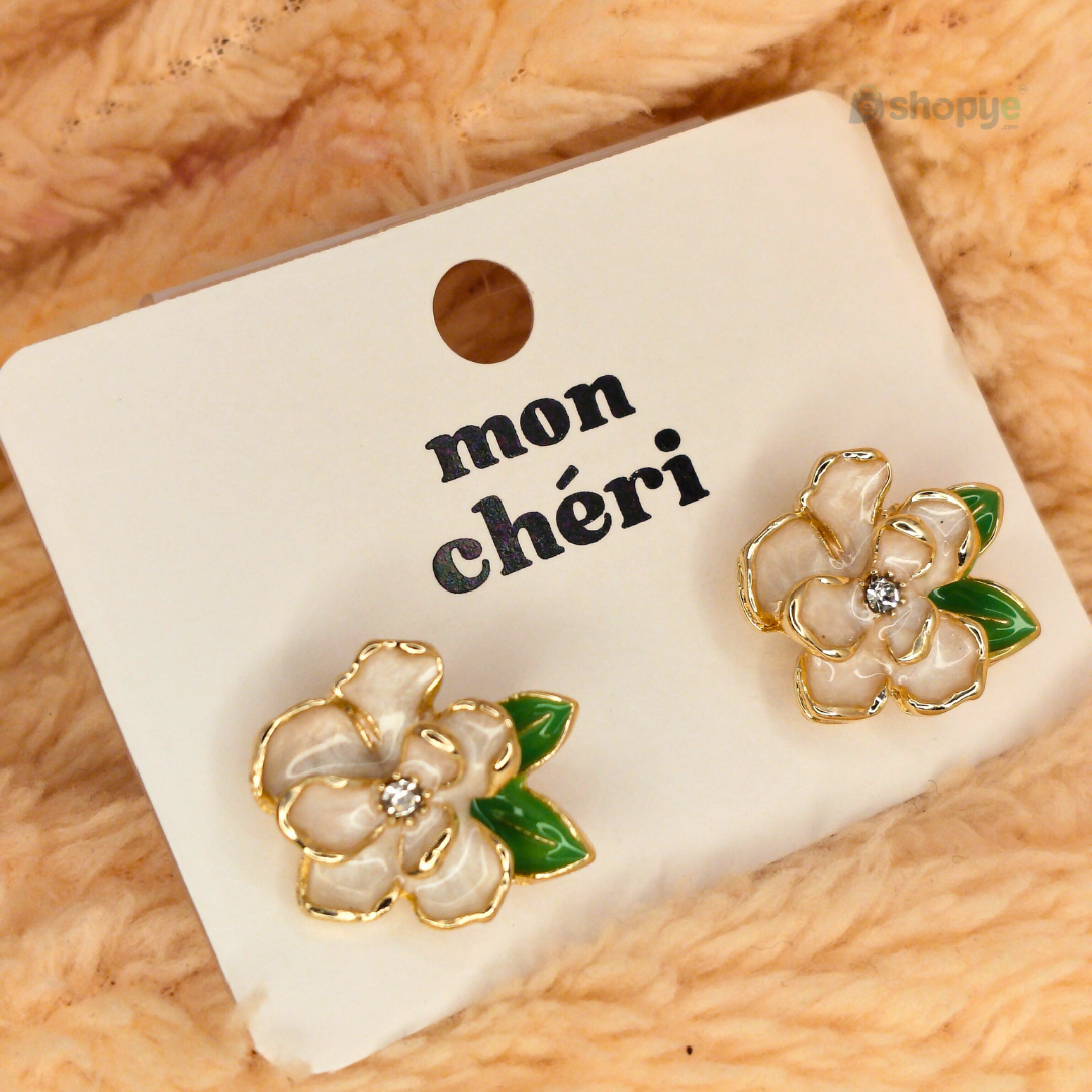 Mon Chéri Enamel Flower Stud Earrings White – Elegant Floral Jewelry