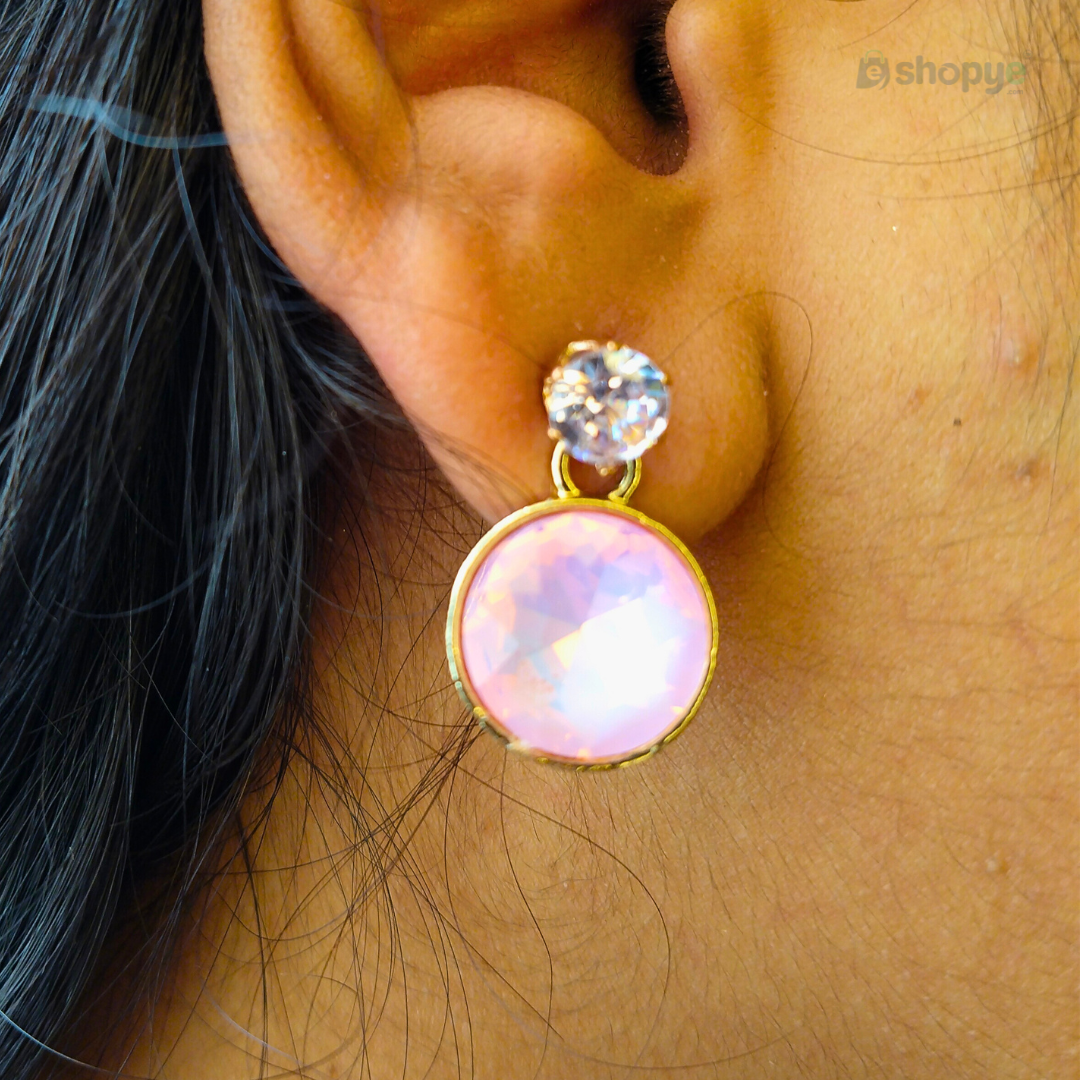 Iridescent Hoop Earrings – Blue Opal Drop with Crystal Stud Elegance