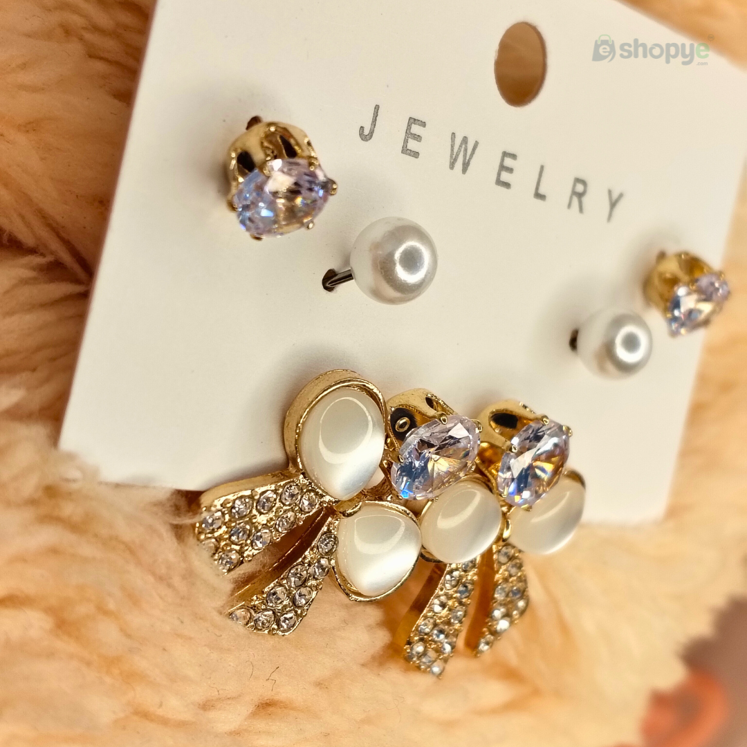 Pearl Stud & Bow Earrings Set – Elegant 3-in-1 Crystal & Rhinestone Design
