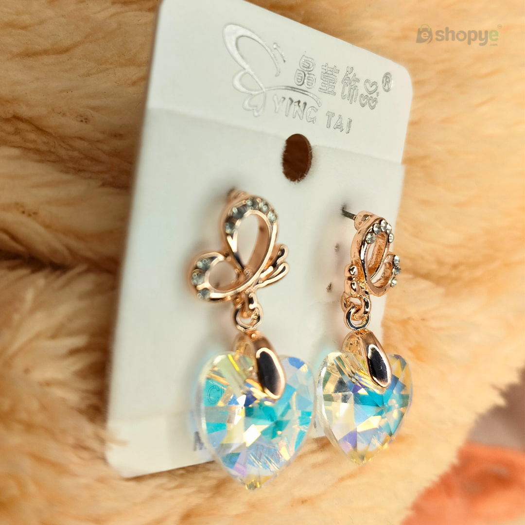 Crystal Heart Drop Earrings – Iridescent Butterfly Charm for Women