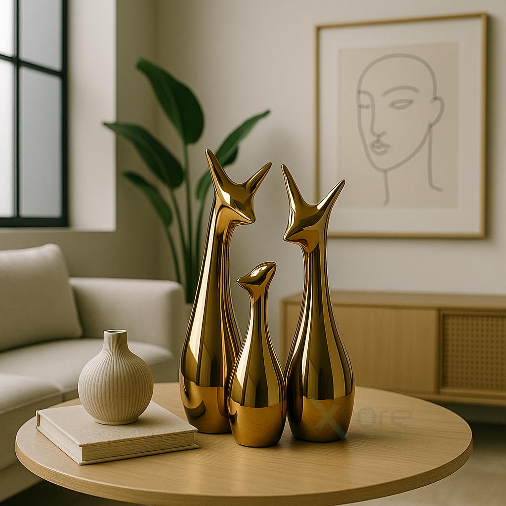 ESHOPYE ™ Lucky Deer Family Metallic Golden Finish Ceramic Figurine for Decor - (Set of 3, Golden)