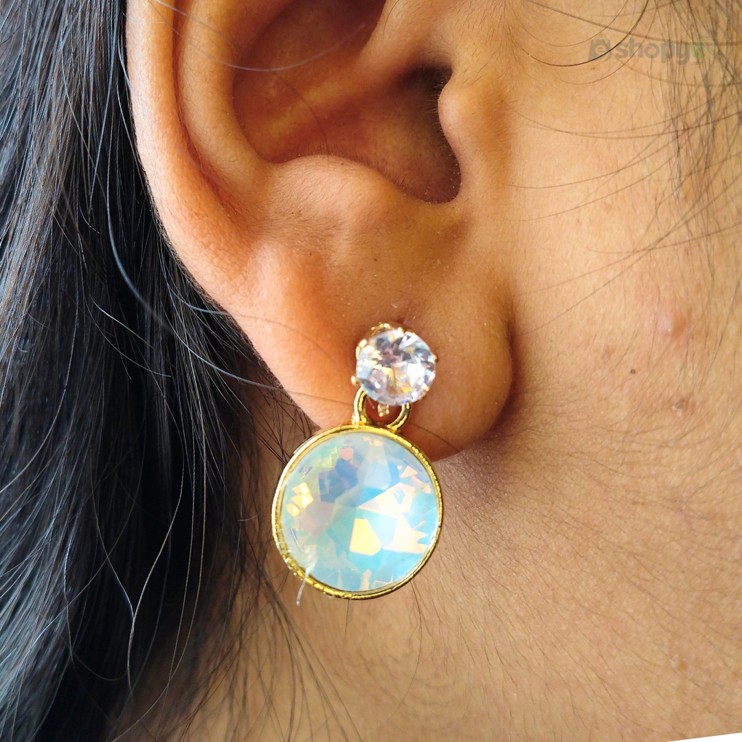 Iridescent Hoop Earrings – Blue Opal Drop with Crystal Stud Elegance