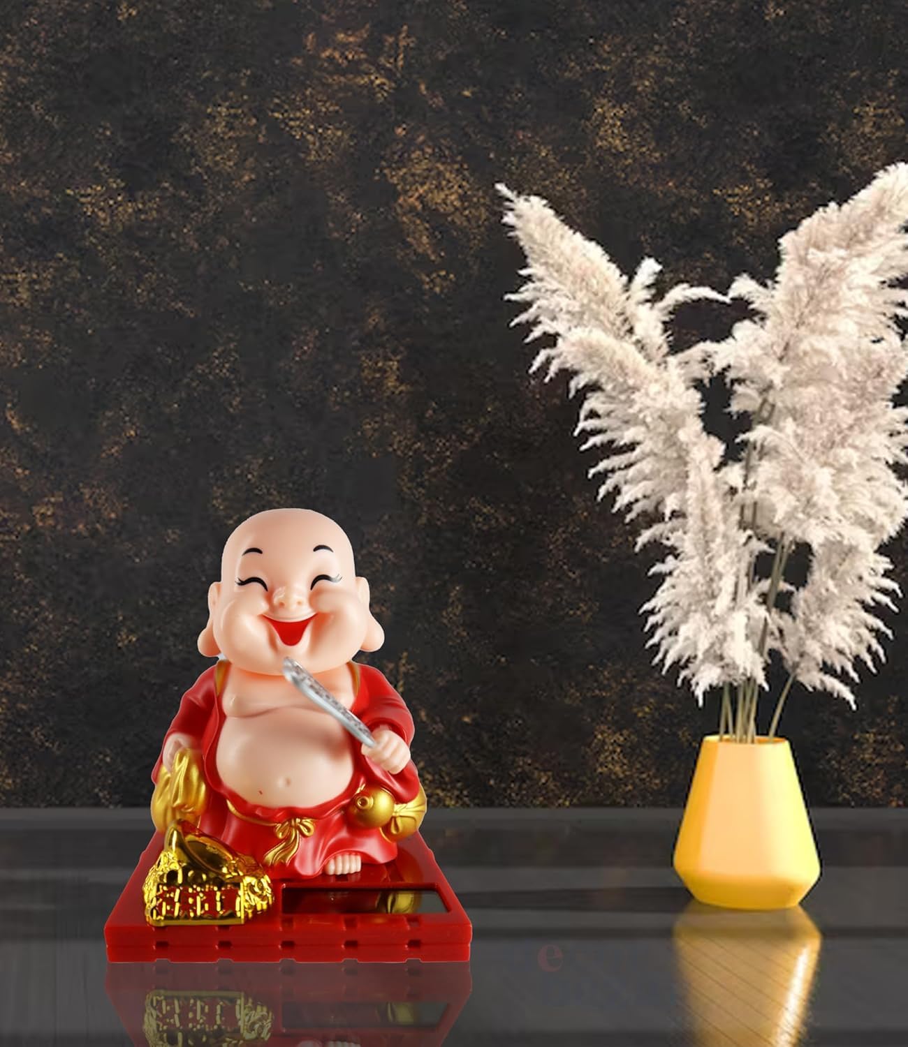 ESHOPYE™ Solar Powered Moving Head and Hand Buddha Monk Idol – Feng Shui Good Luck Money Potli Statue