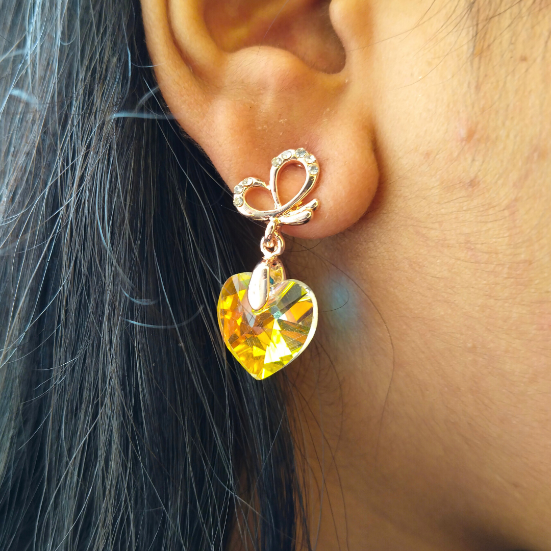 Crystal Heart Drop Earrings – Iridescent Butterfly Charm for Women