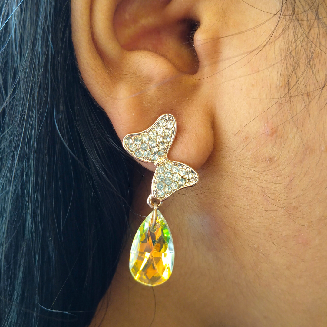 Crystal Heart Drop Earrings – Iridescent Butterfly Charm for Women