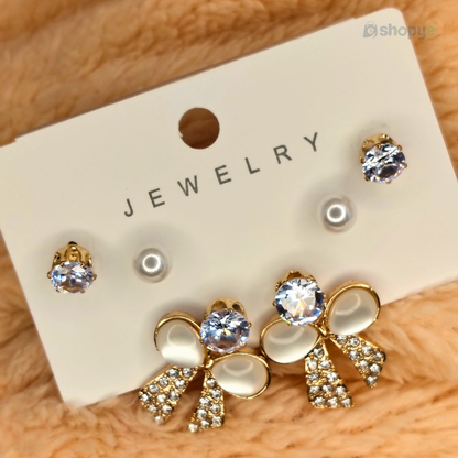 Pearl Stud &amp; Bow Earrings Set – Elegant 3-in-1 Crystal &amp; Rhinestone Design