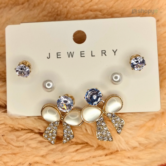Pearl Stud &amp; Bow Earrings Set – Elegant 3-in-1 Crystal &amp; Rhinestone Design