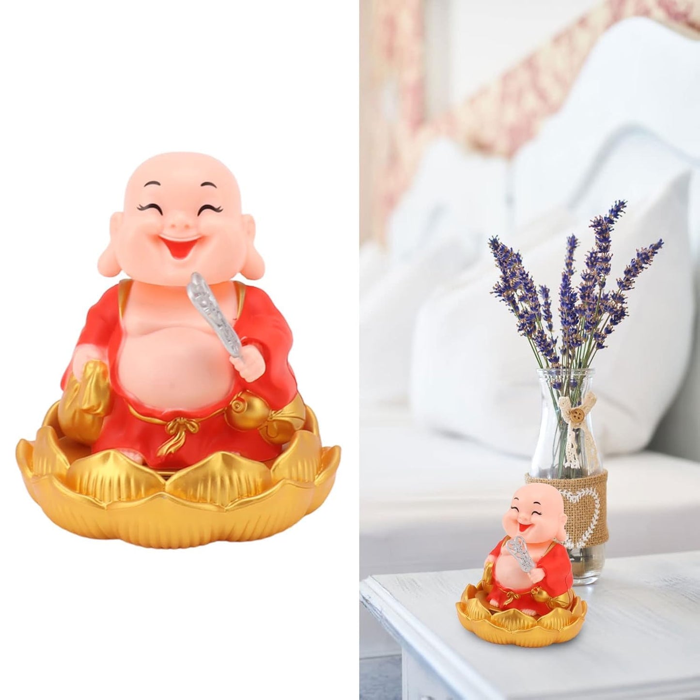 ESHOPYE™ Solar Powered Moving Head and Hand Buddha Monk Idol – Feng Shui Good Luck Money Potli Statue