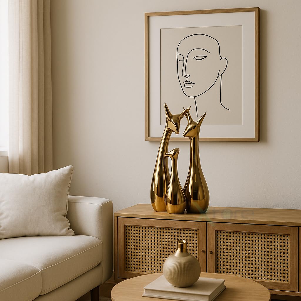 ESHOPYE ™ Lucky Deer Family  Metallic Golden Finish Ceramic Figurine for Decor - (Set of 3, Golden)