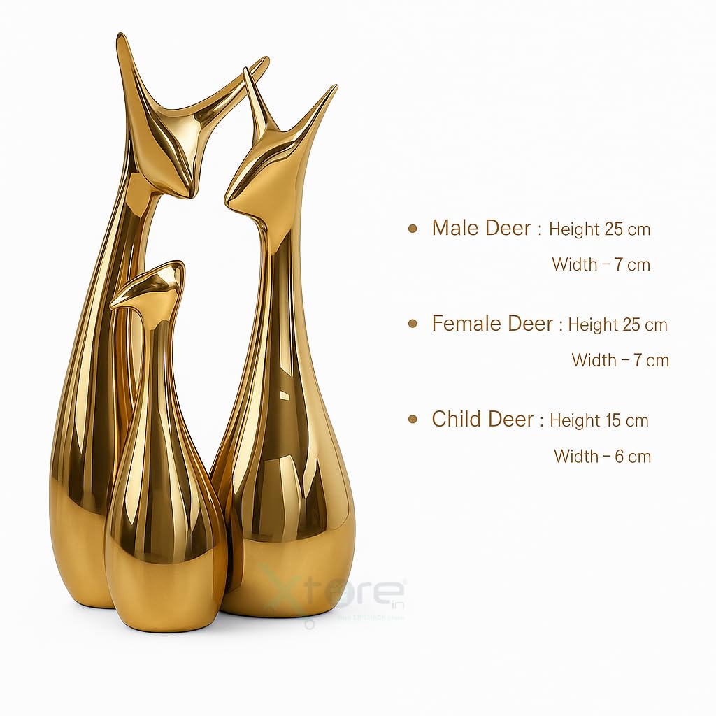 ESHOPYE ™ Lucky Deer Family  Metallic Golden Finish Ceramic Figurine for Decor - (Set of 3, Golden)