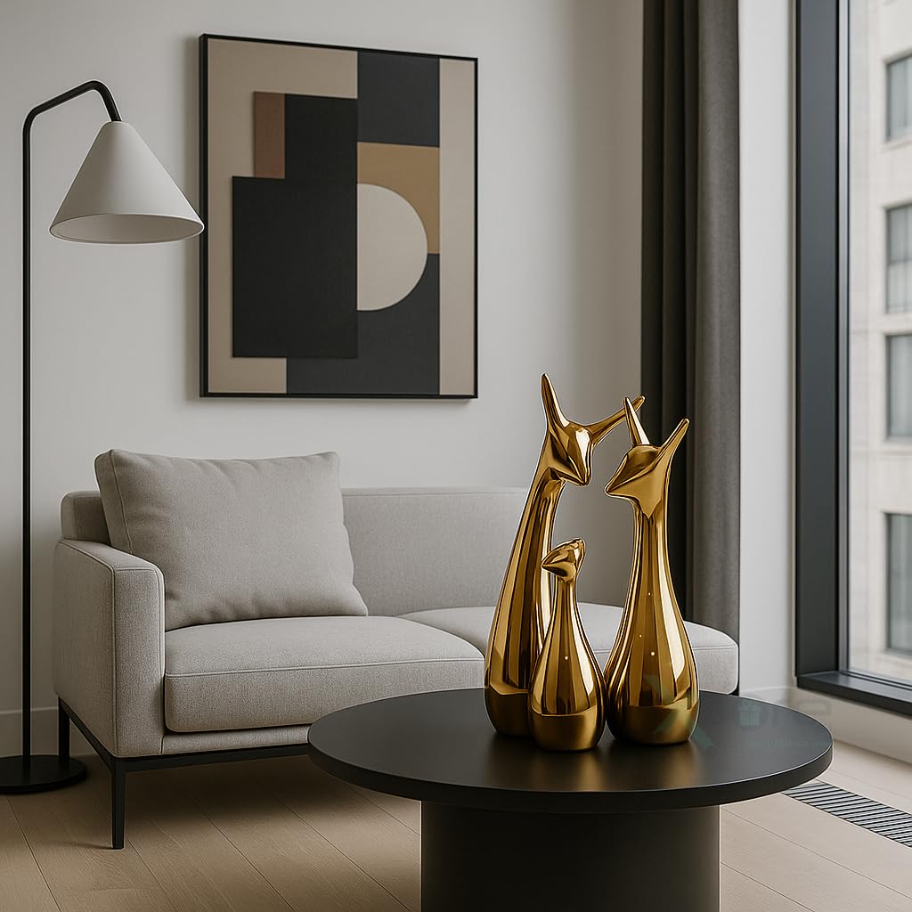 ESHOPYE ™ Lucky Deer Family  Metallic Golden Finish Ceramic Figurine for Decor - (Set of 3, Golden)