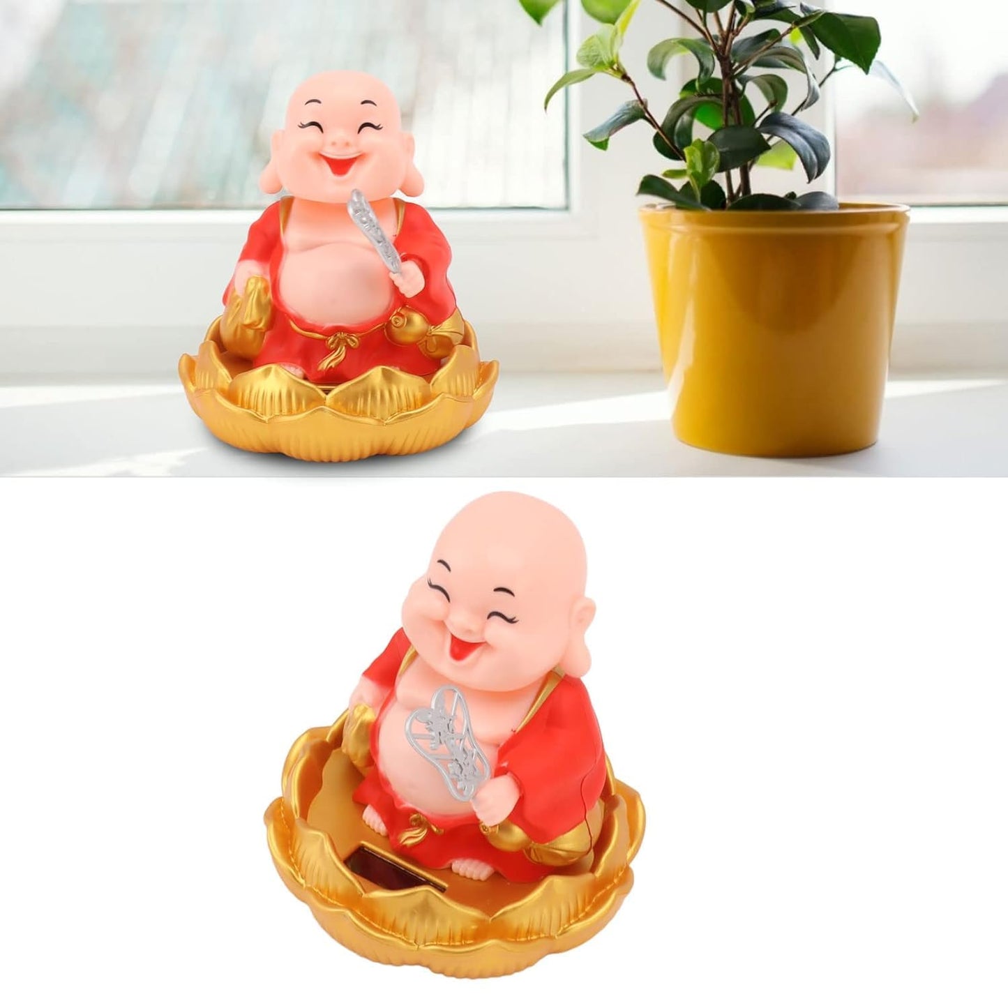 ESHOPYE™ Solar Powered Moving Head and Hand Buddha Monk Idol – Feng Shui Good Luck Money Potli Statue