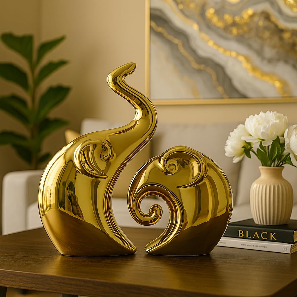 ESHOPYE ™ Golden Elephant Couple Figurine  Piano Finish Ceramic Figures - (Set of 2 Piece, Gold), Love