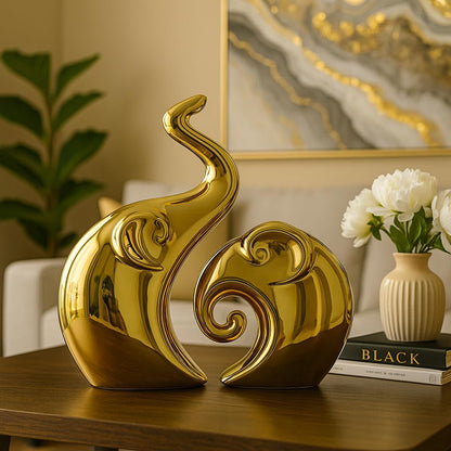 ESHOPYE ™ Golden Elephant Couple Figurine  Piano Finish Ceramic Figures - (Set of 2 Piece, Gold), Love