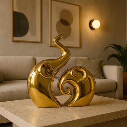 ESHOPYE ™ Golden Elephant Couple Figurine  Piano Finish Ceramic Figures - (Set of 2 Piece, Gold), Love