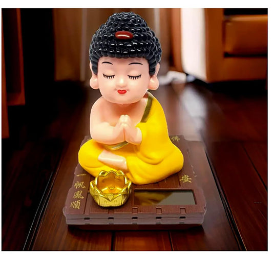 ESHOPYE Solar Powered Monk Buddha Showpiece  Bobblehead Doll with Beads and Gong  Car Dashboard Decor  Spiritual Meditation Idol Figurine for Home, Office, Gifting (Yellow)