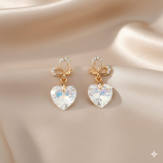 Crystal Heart Drop Earrings – Iridescent Butterfly Charm for Women