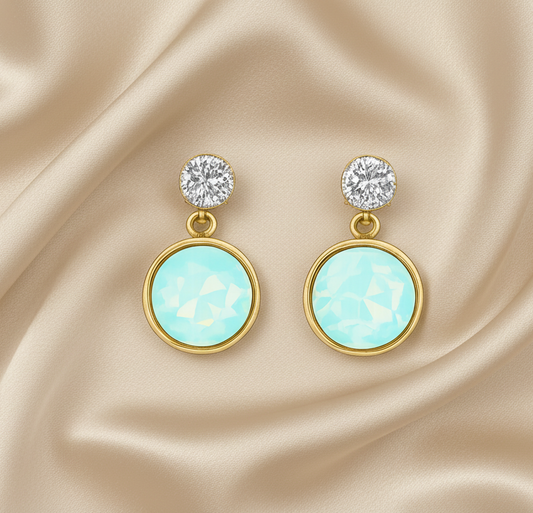 Iridescent Hoop Earrings – Blue Opal Drop with Crystal Stud Elegance