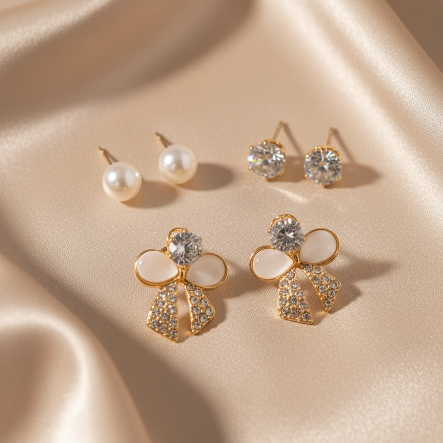 ESHOPYE ™ Pearl Stud & Bow Earrings Set – Elegant 3-in-1 Crystal & Rhinestone Design - ESHOPYE ™