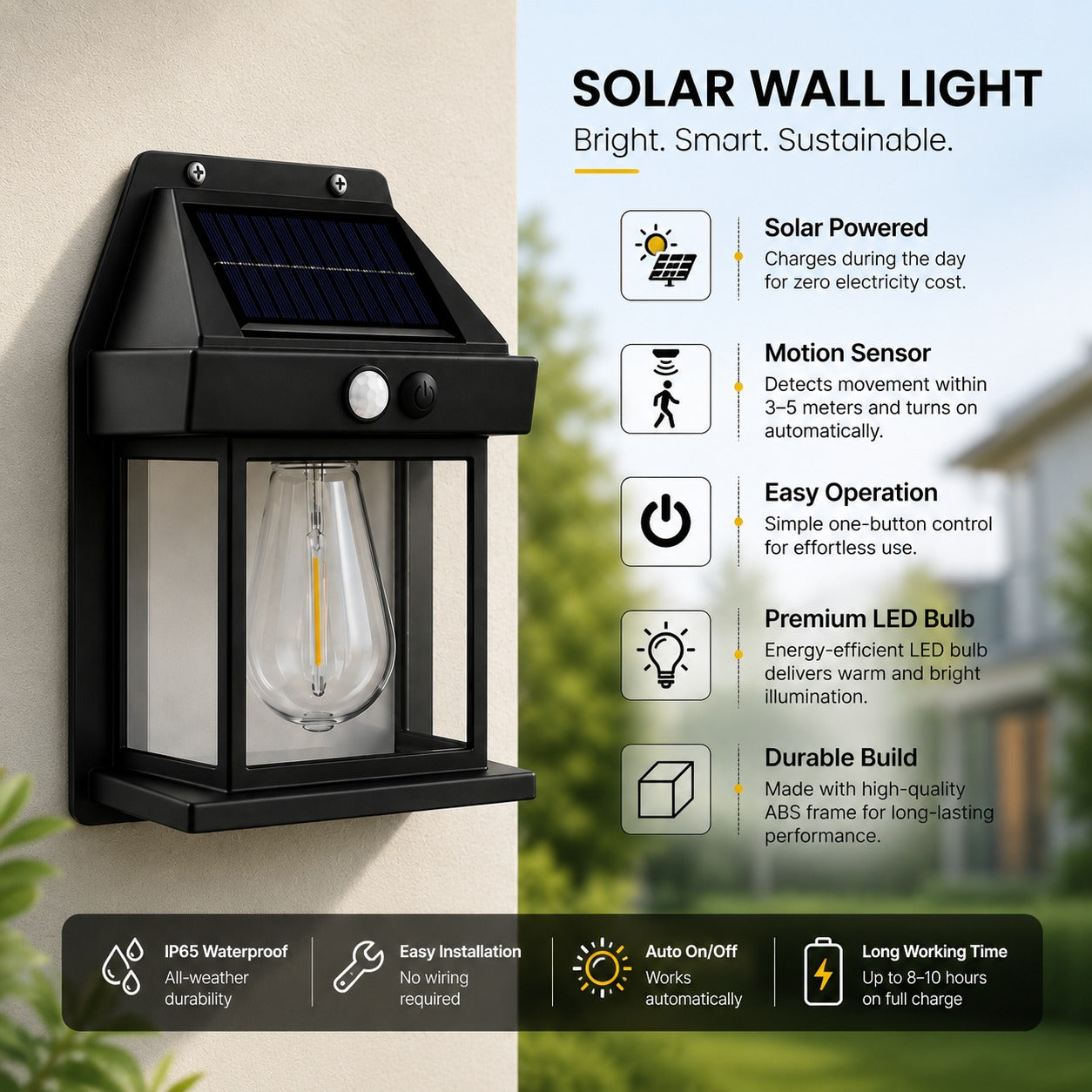 Solar Energy Powered Motion Sensor Wall Lantern – Vintage LED Outdoor Light