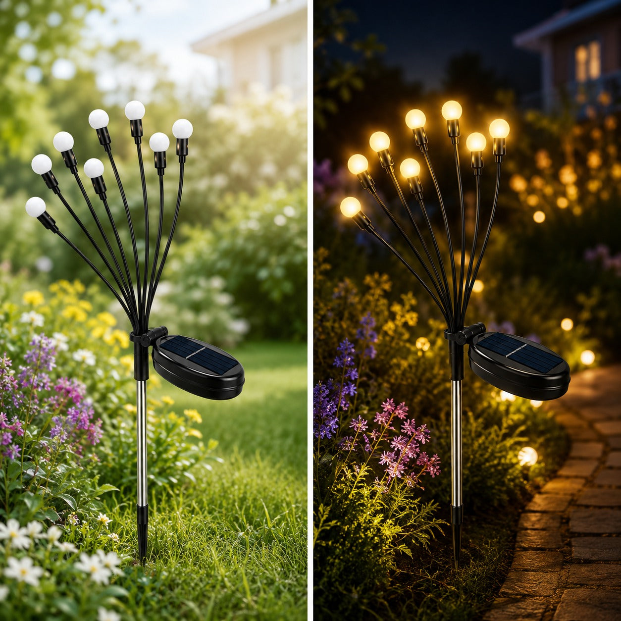 Solar Power Garden Lights - Firefly Lamp - Pack Of 2 - (8 Bulbs Each Light)